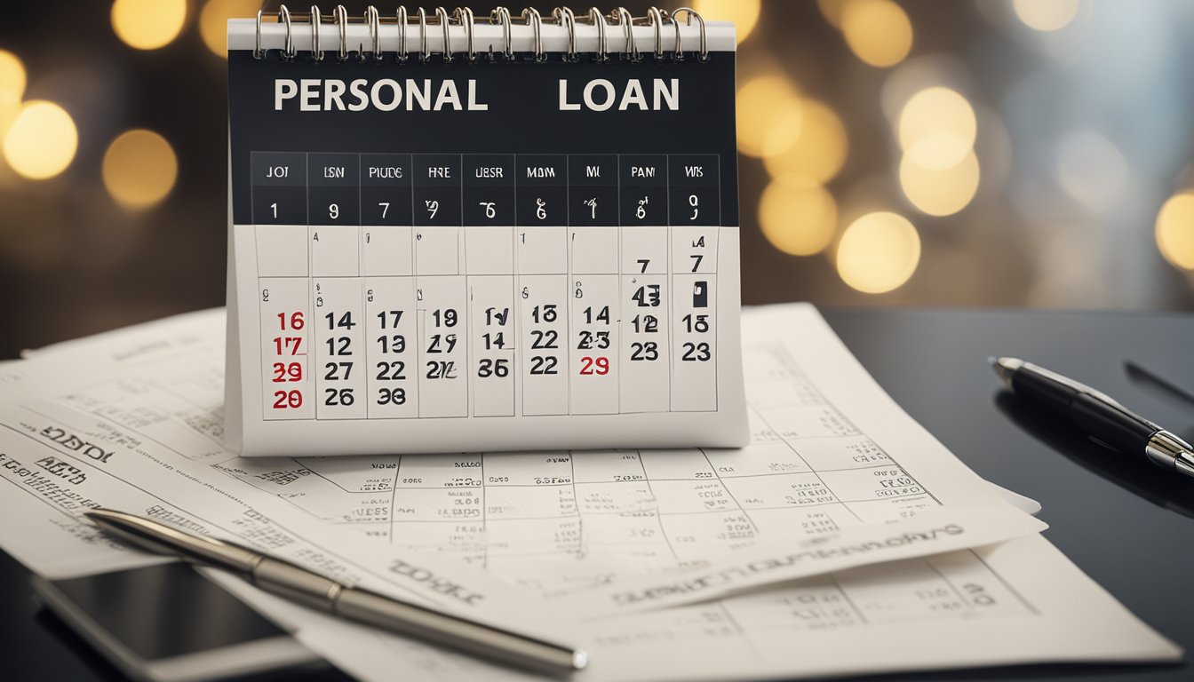 A calendar with months marked, a stack of money, and a contract with "personal loan" written on it