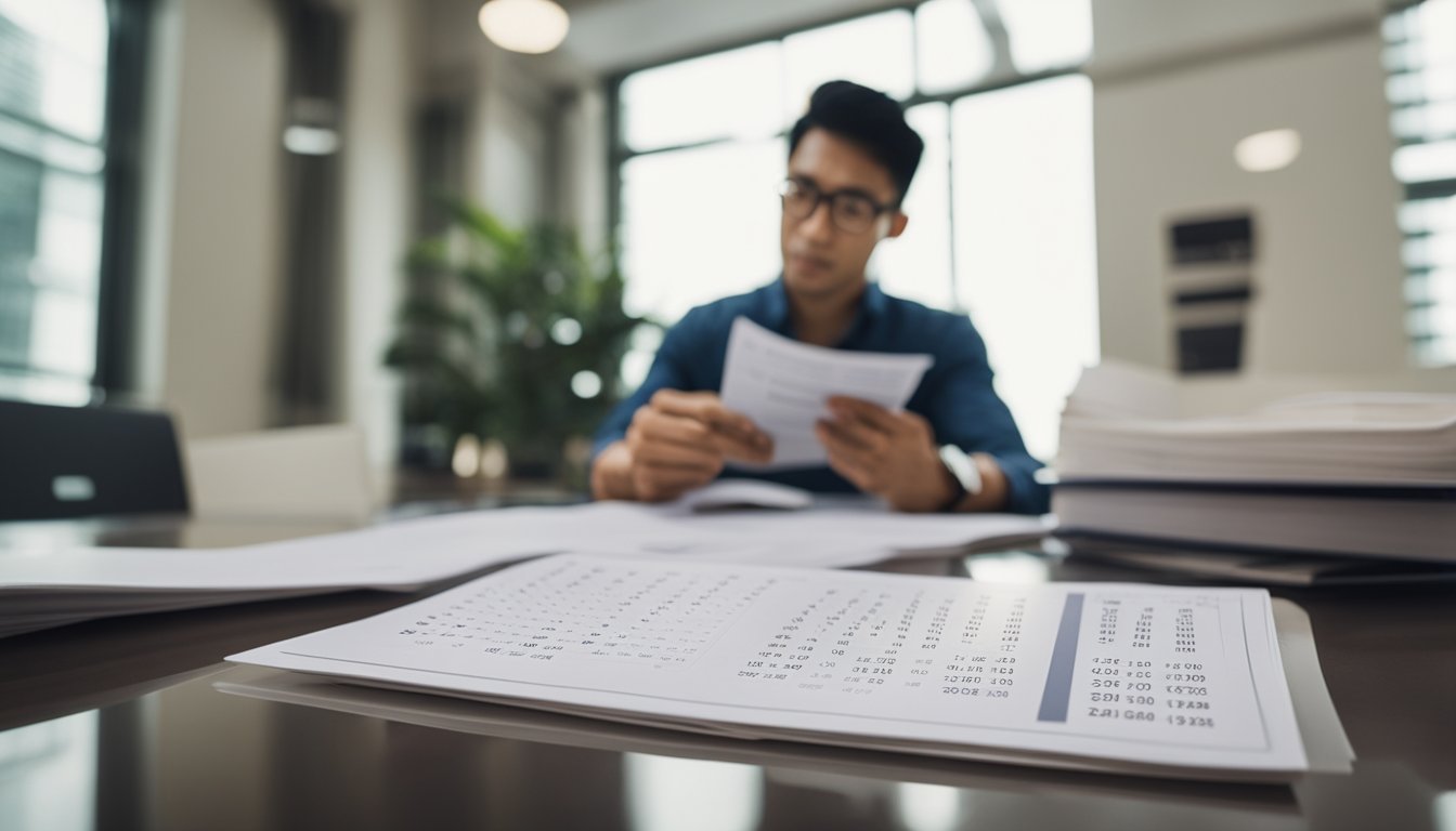 A person in Singapore reads loan documents with a calendar in the background showing various loan term lengths