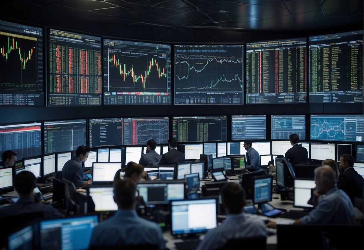 A busy trading floor with traders using various strategies: day trading, swing trading, and position trading. Charts and graphs fill the screens, while traders analyze data and make quick decisions