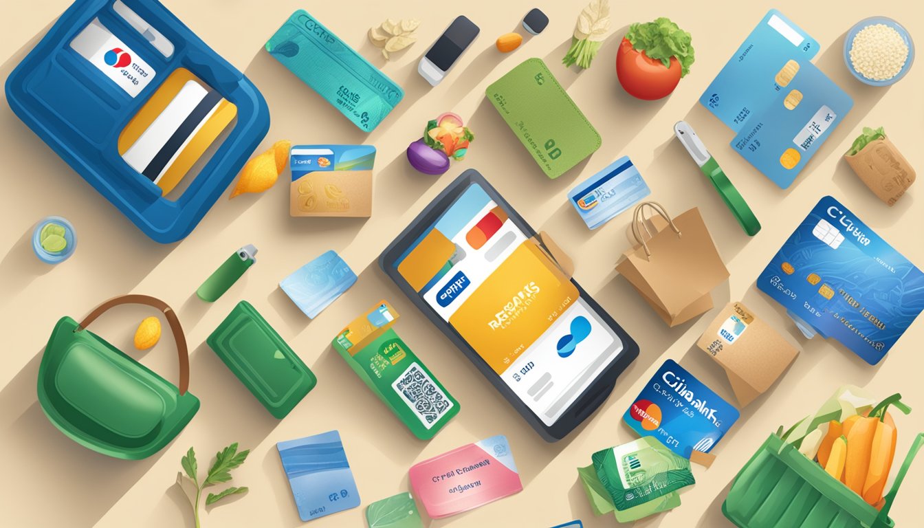 A credit card with "Citibank Rewards" logo surrounded by various items like groceries, travel tickets, and shopping bags, symbolizing the benefits of maximizing rewards with every spend