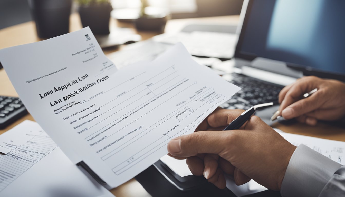 A person filling out a loan application form at a desk with a computer and documents, while a bank officer reviews the application