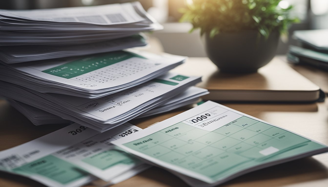 A stack of personal loan brochures displayed on a table, with a calendar showing varying loan durations in the background