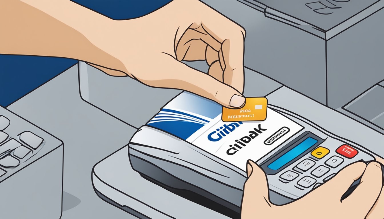 A hand swipes a Citibank Rewards Card at a Singapore merchant. The card's benefits are listed in the background