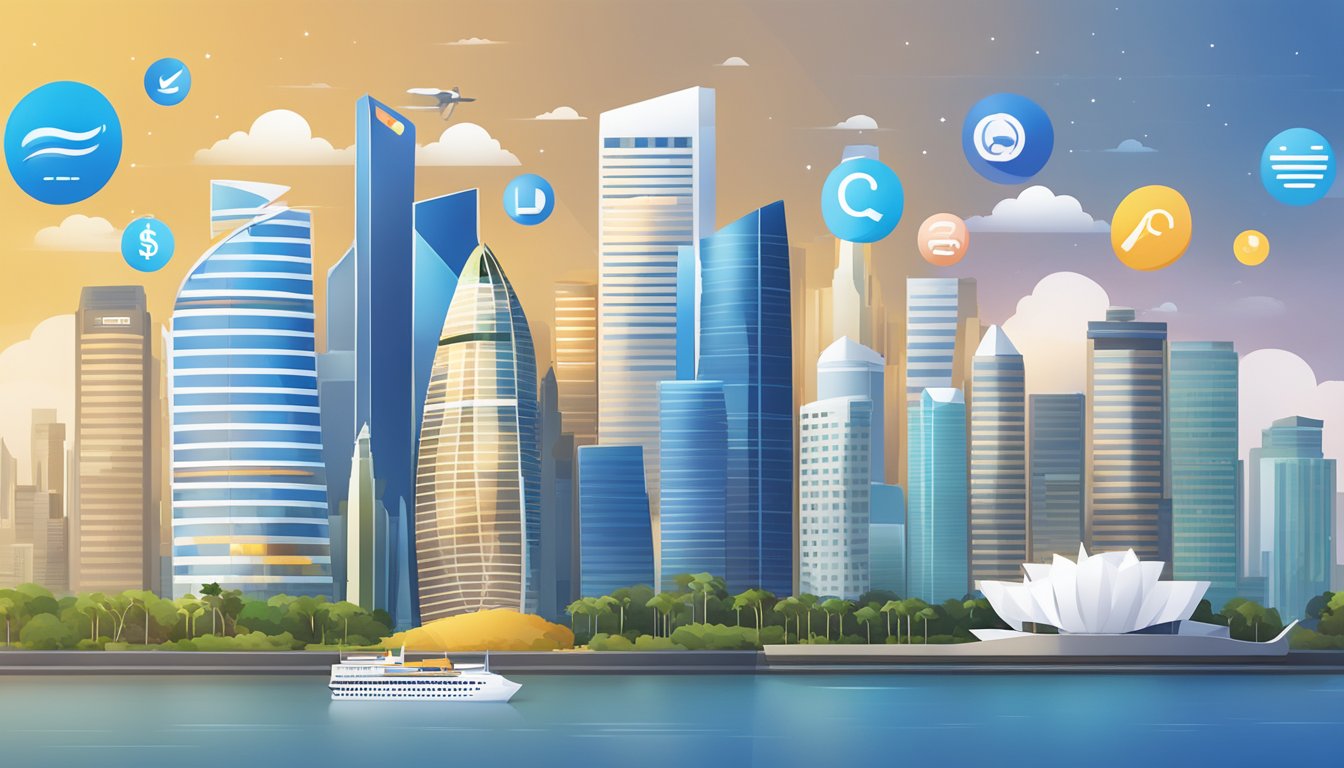 Citibank rewards card displayed with various benefits icons against Singapore skyline backdrop