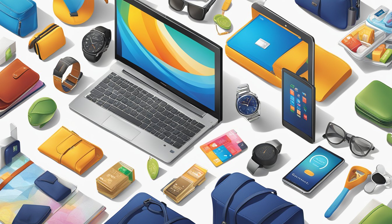 A vibrant display of products from Citibank's rewards catalogue in Singapore, featuring various items like electronics, travel accessories, and lifestyle products