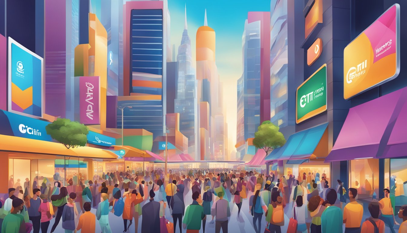 A vibrant cityscape with the iconic Citi Rewards logo prominently displayed on a digital billboard, surrounded by bustling streets and happy shoppers