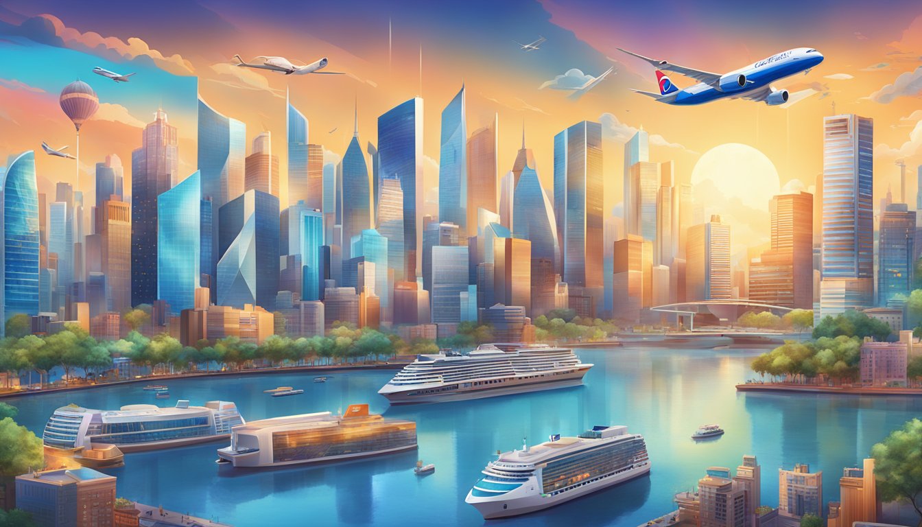 A vibrant city skyline with the iconic Citibank logo prominently displayed, surrounded by various reward items such as travel vouchers, electronics, and luxury goods