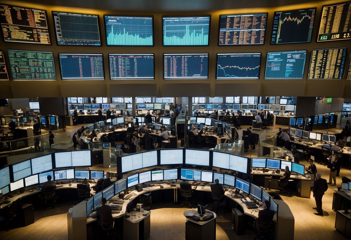 A bustling stock exchange floor with traders using various strategies, including momentum trading. Screens display stock prices and charts
