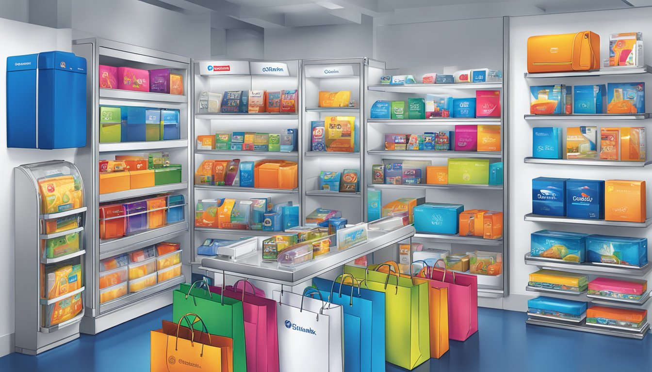 A colorful display of products from the Citibank rewards catalogue, including electronics, travel accessories, and gift cards, arranged neatly on shelves with clear signage