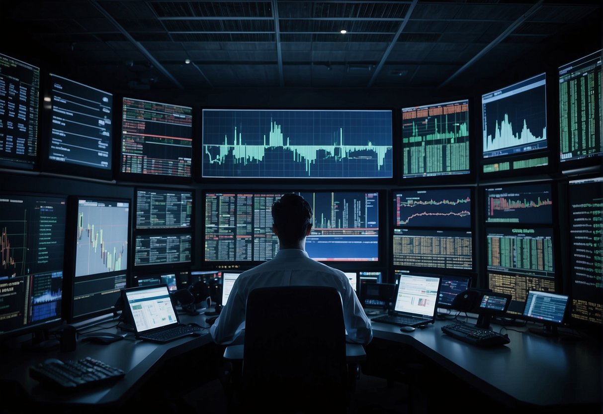 A computer screen displays various stock trading strategies, including algorithmic and high-frequency trading. Charts, graphs, and data are visible, representing different types of trading methods