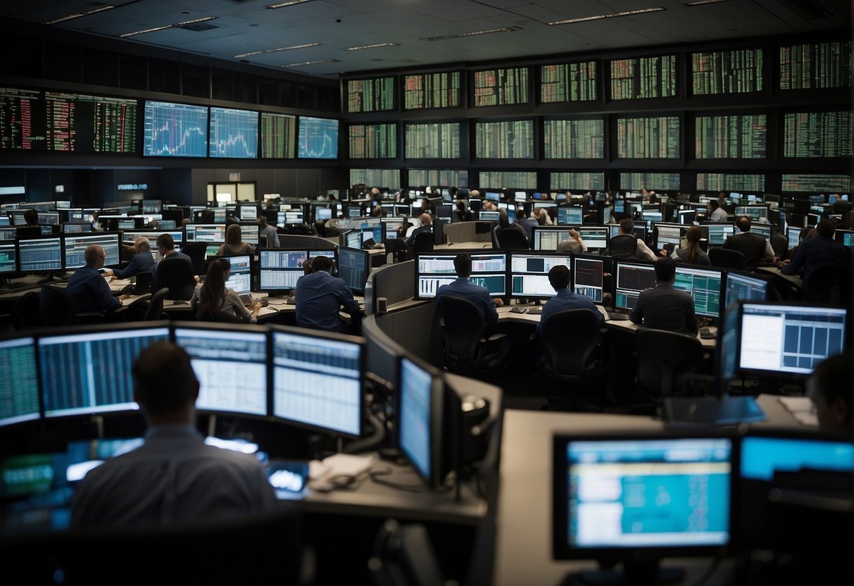 A busy stock trading floor with traders using various risk management techniques, such as stop-loss orders and diversification, to implement different stock trading strategies