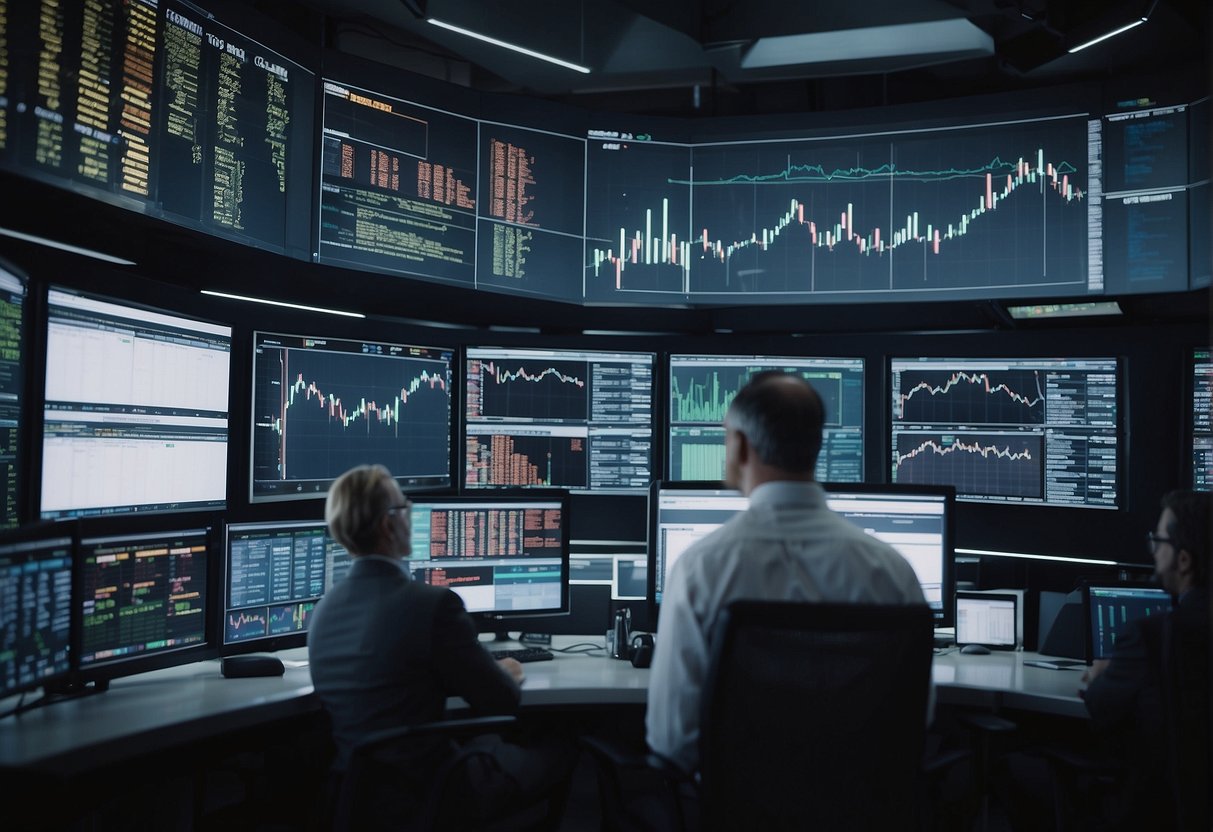 A bustling stock market floor with traders using various strategies. Charts and graphs are displayed on screens, indicating market analysis and timing