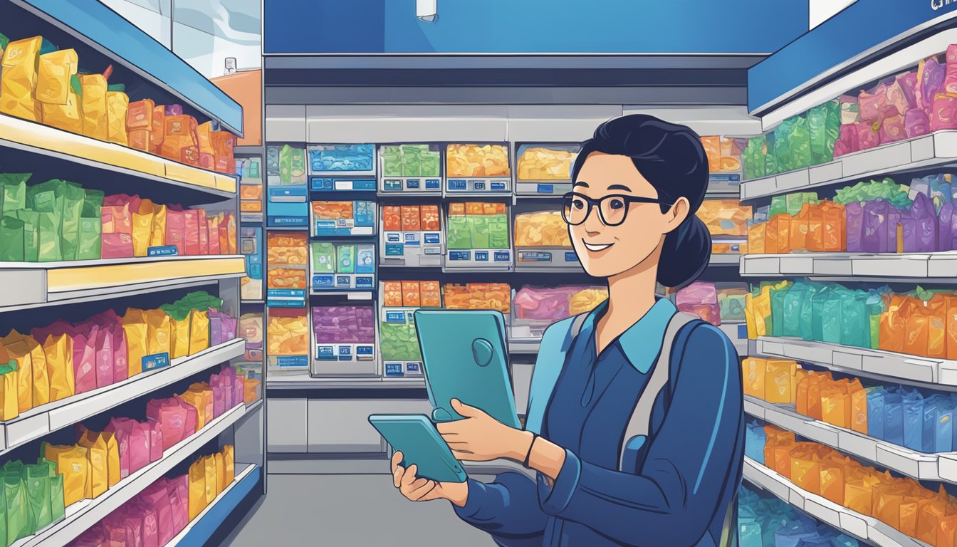 A customer eagerly swipes their Citibank card at a Singaporean merchant, surrounded by colorful displays of rewards available for redemption