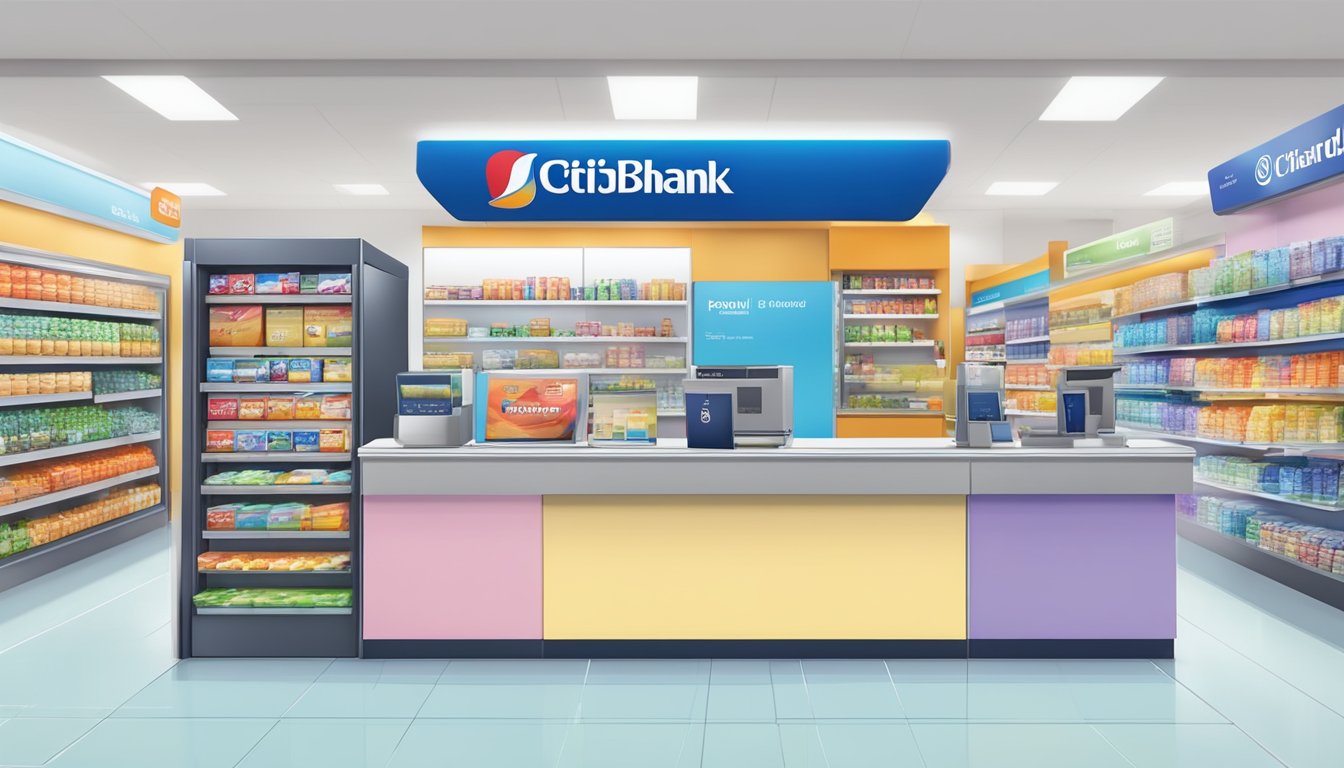 A colorful Citibank Rewards card being swiped at a Singaporean retail store, with various products and a redemption counter in the background