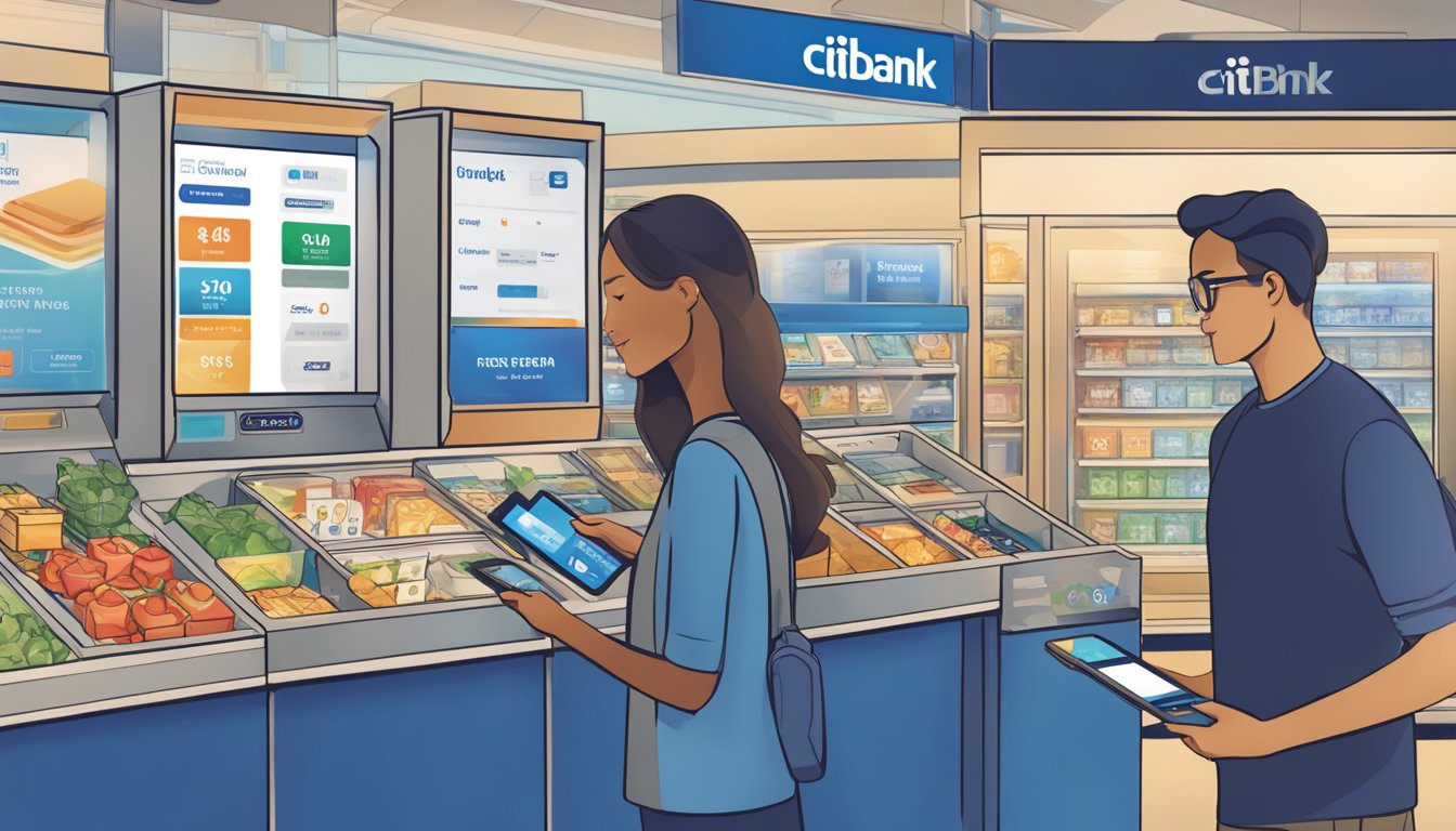 A person holding a Citibank rewards card and selecting from various redemption options on a digital interface. The options include travel, shopping, dining, and experiences