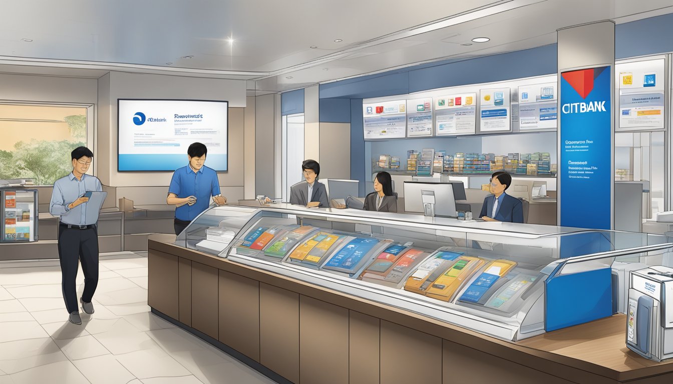 A customer redeeming Citibank rewards at a Singapore branch, with Terms and Policies displayed prominently