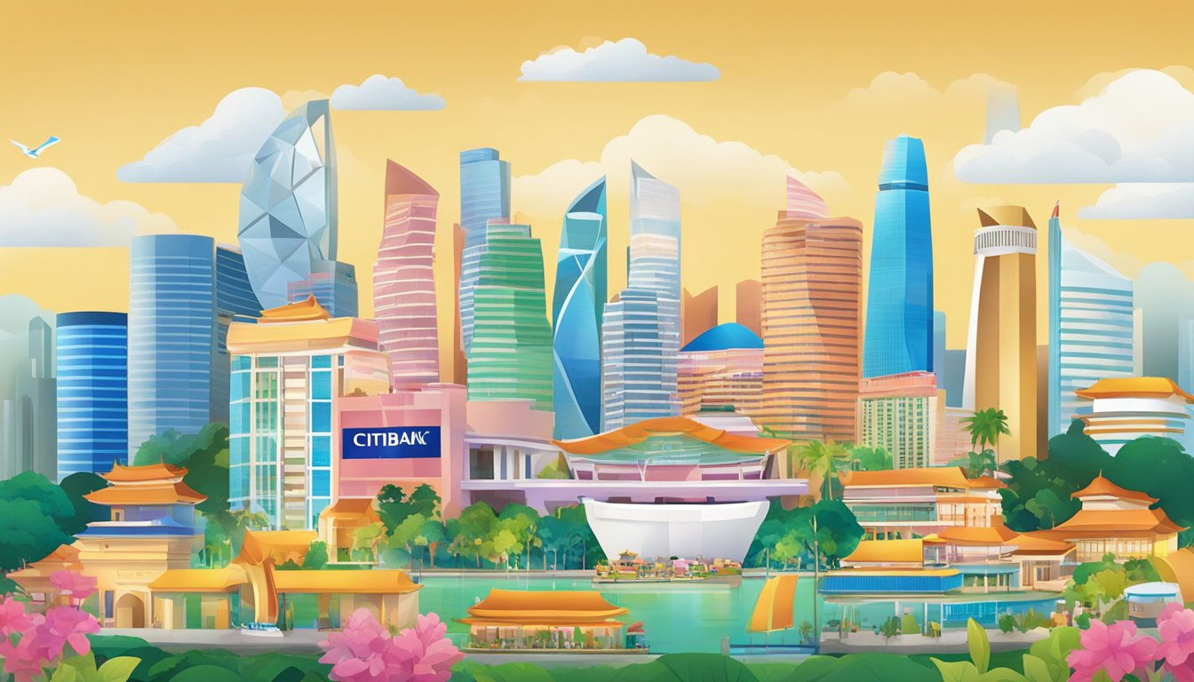 A colorful display of Citibank rewards items with a Singapore backdrop
