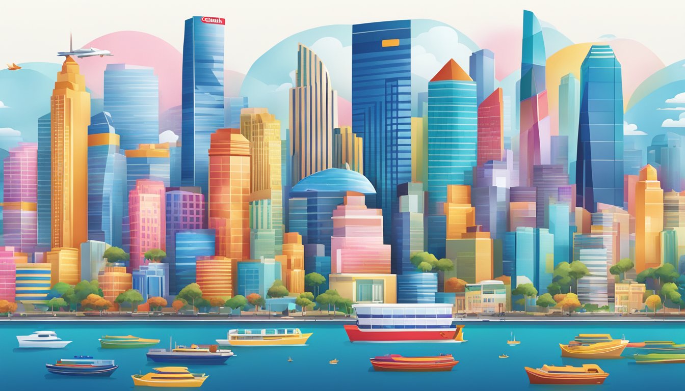 Citibank Singapore rewards program: A sleek, modern cityscape with iconic landmarks and vibrant colors representing the variety of rewards available for redemption