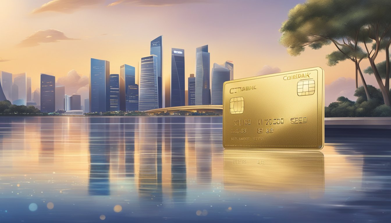 A luxurious scene with a gold credit card and a shimmering skyline of Singapore in the background, showcasing exclusive benefits for Citibank cardholders