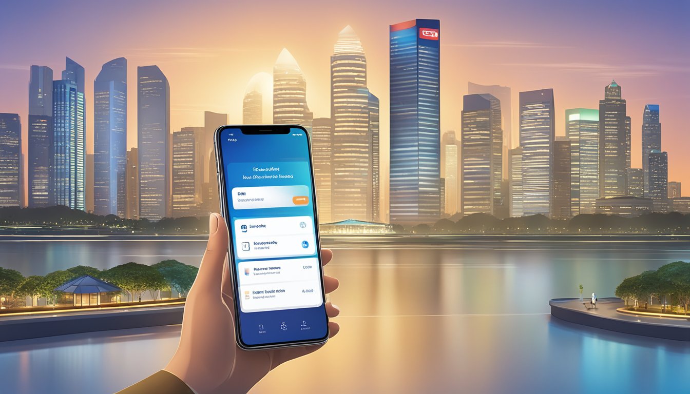 A smartphone displaying Citibank Singapore's digital banking app with a rewards section open, against a backdrop of a modern city skyline at dusk