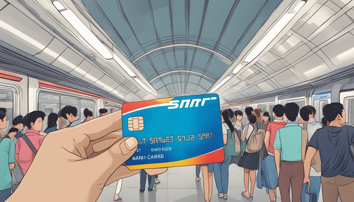 A hand holding a Citi SMRT Card while standing in a crowded Singaporean subway station, with a train passing by in the background