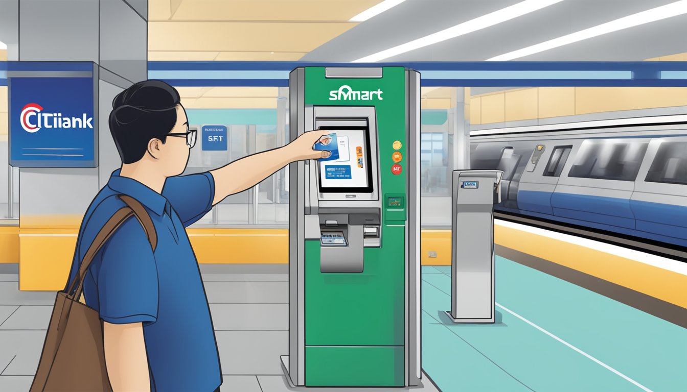 A person swiping a Citibank SMRT$ card at an SMRT Singapore station, with the SMRT logo prominently displayed