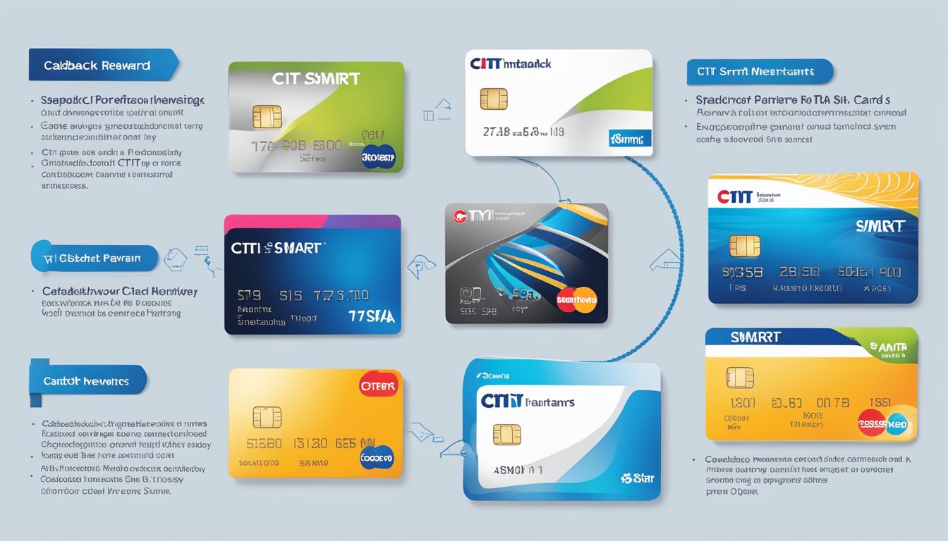 The Citi SMRT Card displayed with its key features highlighted, including the logo, cashback rewards, and partner merchants