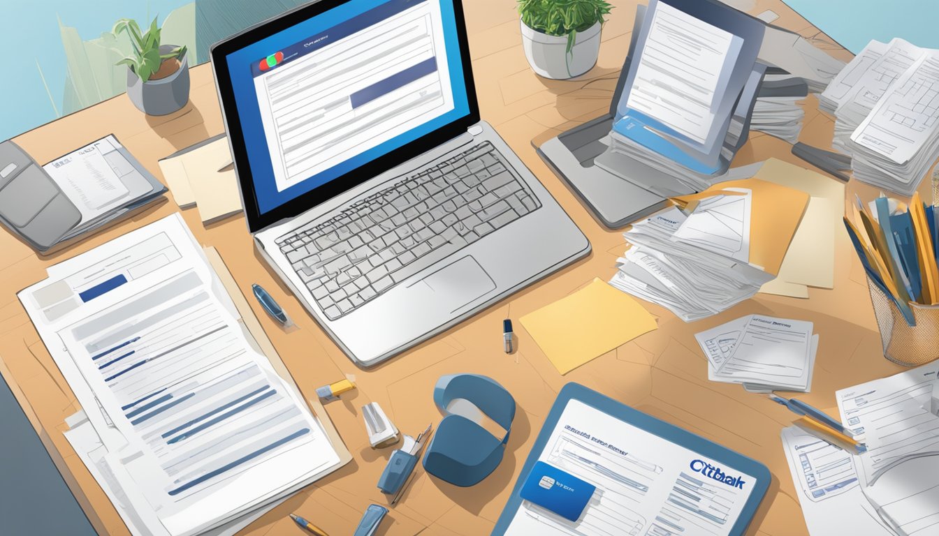 A person filling out a credit card application form with a Citibank SMRT card on a desk, surrounded by documents and a computer