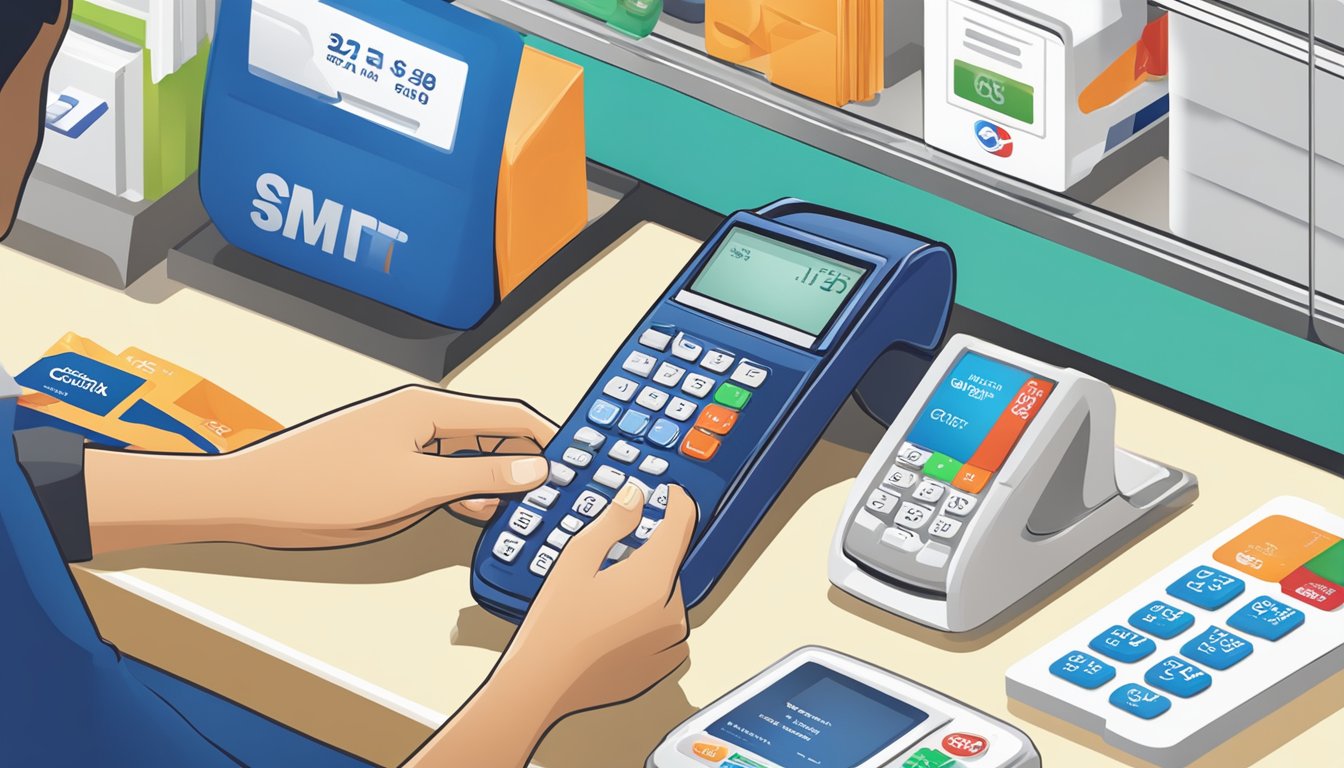A person swiping a Citibank SMRT card at a Singaporean store, with various items and a calculator showing savings