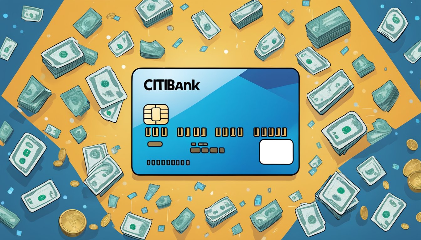 A credit card surrounded by dollar signs, percentage symbols, and various fees and charges. The Citibank SMRT Card logo is prominently displayed