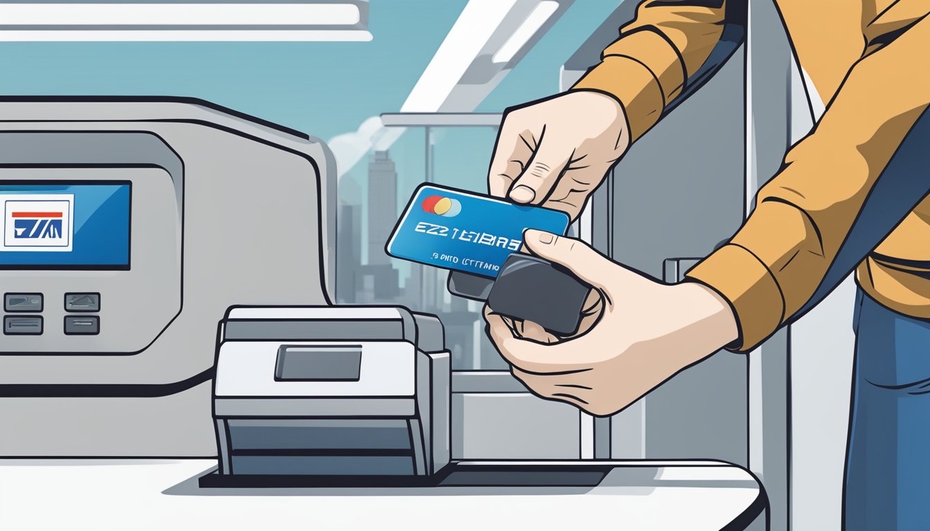 A person swiping a Citibank SMRT card to pay for transport, with the EZ-Link auto-reload feature visible