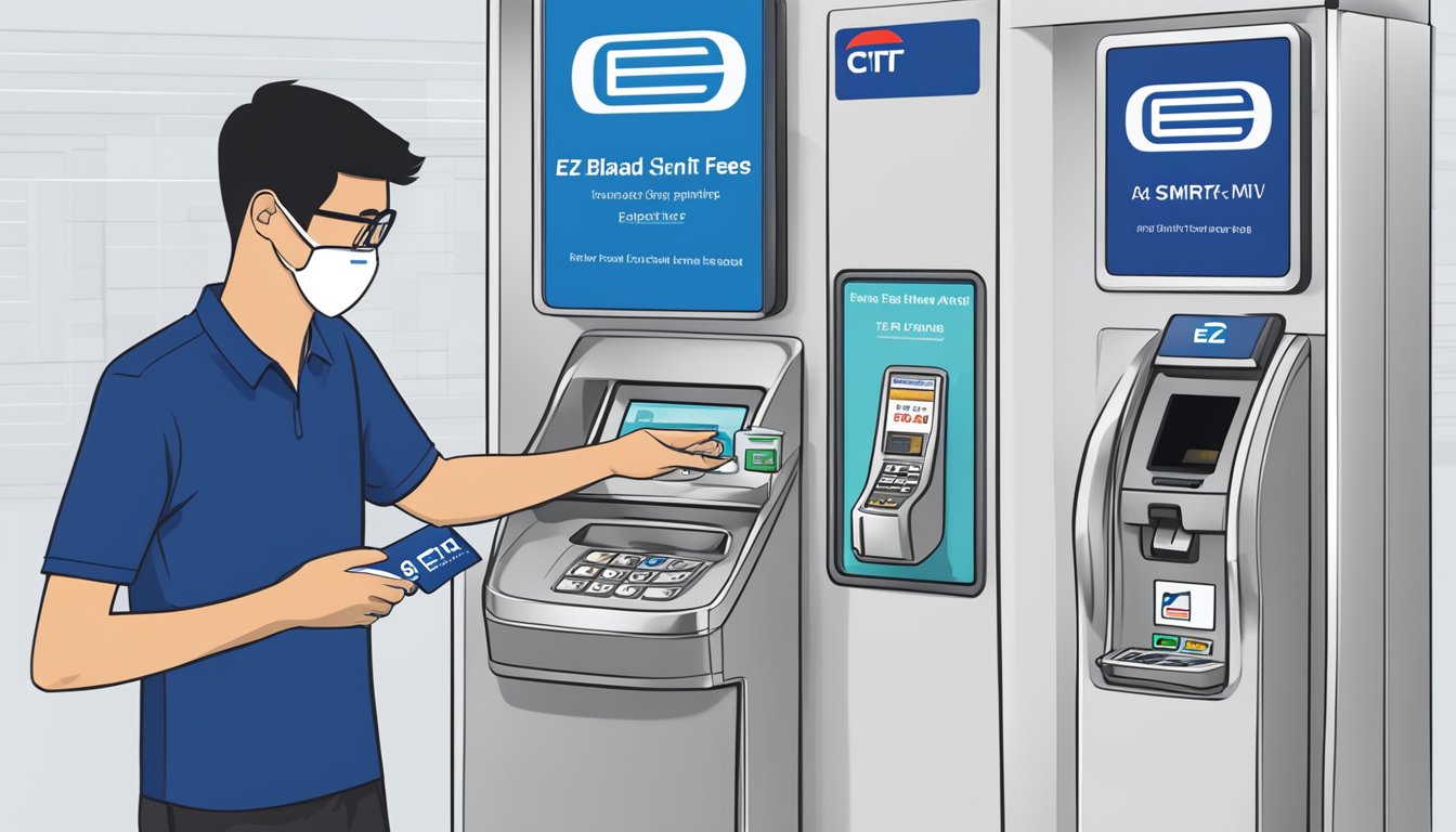 A person swiping a Citibank SMRT card at an EZ-Link machine in Singapore, with a display showing fees and charges for EZ-Reload