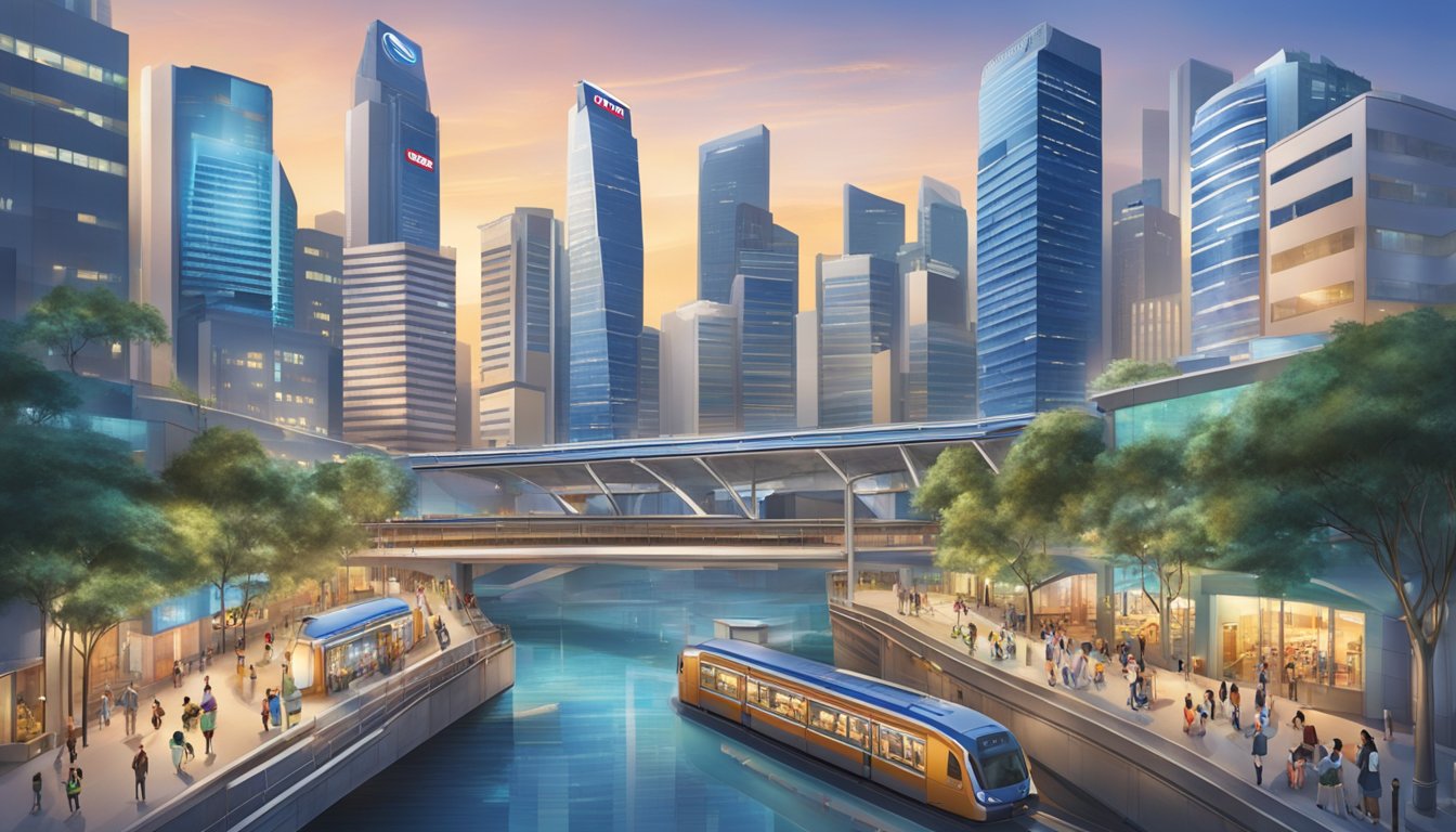 A bustling Singapore cityscape with a prominent Citibank branch, featuring the SMRT card logo and customers using the card for transactions