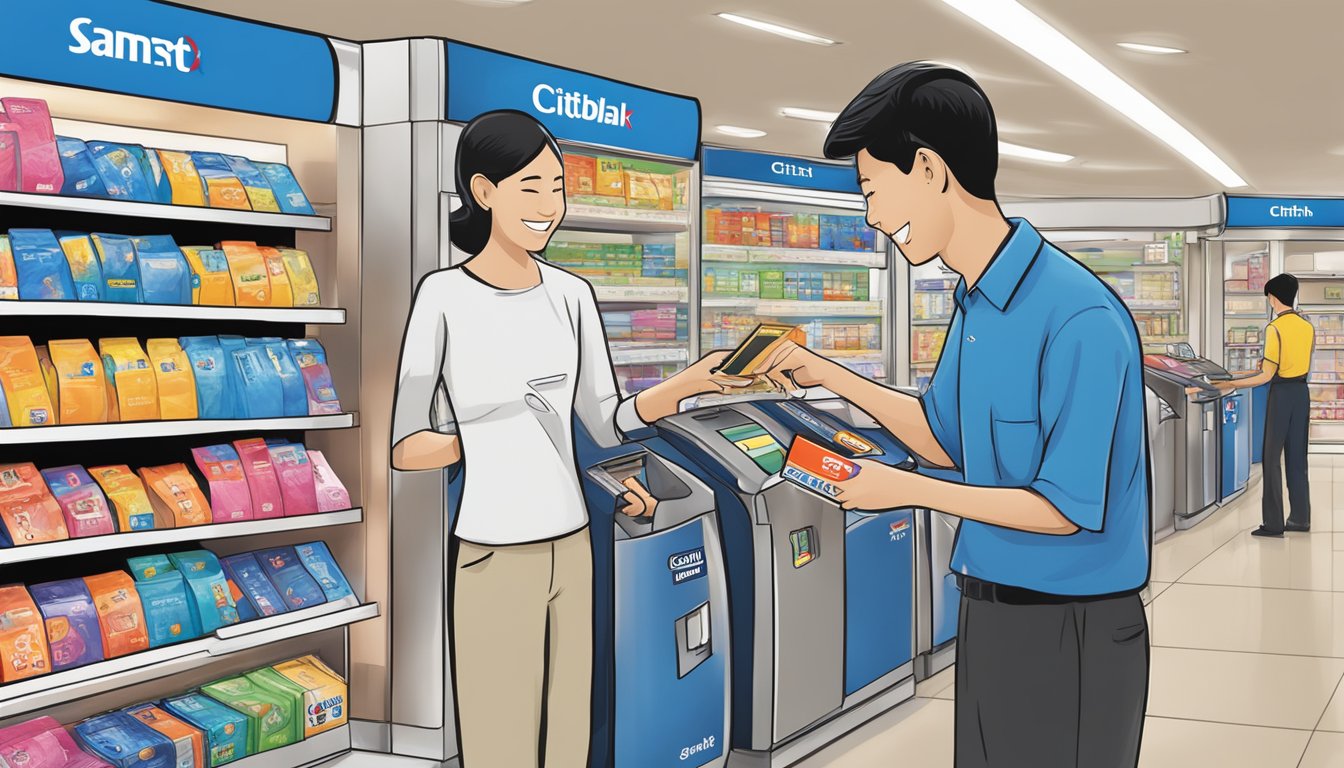 A customer swipes a Citibank SMRT card at a Singaporean store, earning and redeeming rewards with a smile