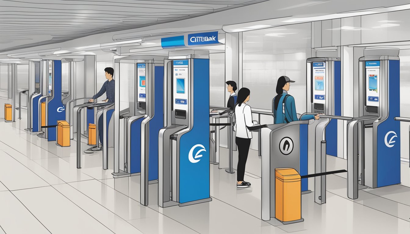 A person tapping a Citibank SMRT card at a Singapore train station turnstile, with the Citibank logo prominently displayed