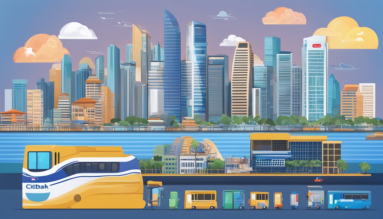 A Citibank SMRT card surrounded by various fees and charges symbols, with the Singapore skyline in the background