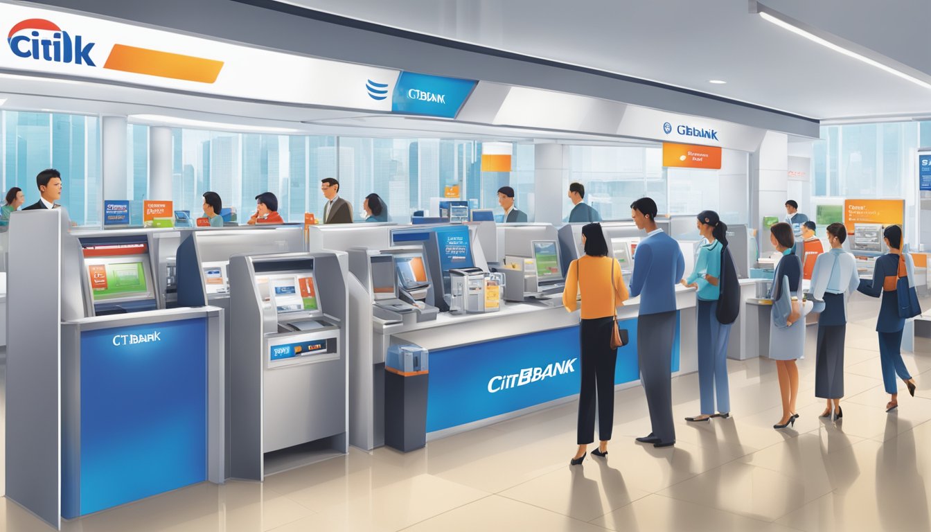 A bustling bank branch with customers using Citibank SMRT cards at various service counters. Bright signage and promotional materials are prominently displayed