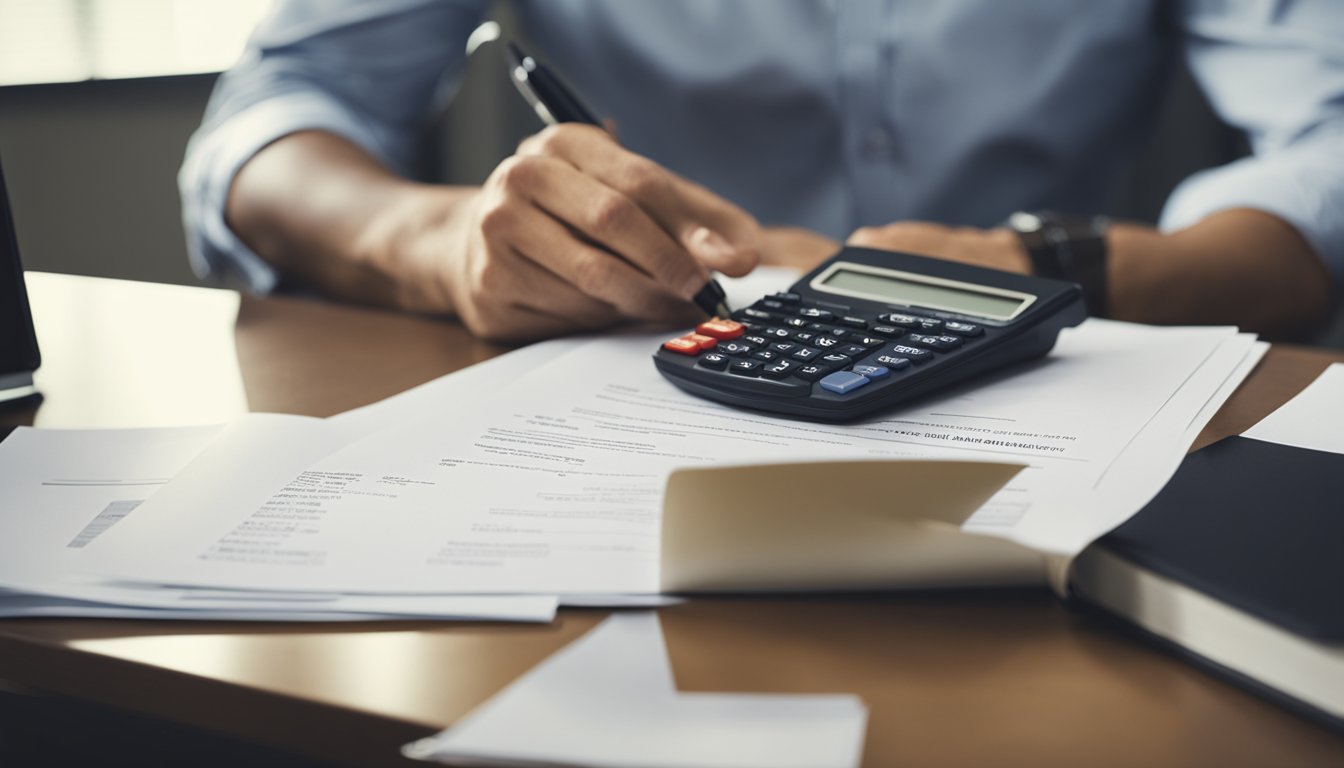 A person sitting at a desk, reviewing loan documents with a calculator and pen in hand. A sign on the desk reads "Processing Fee on Personal Loan."