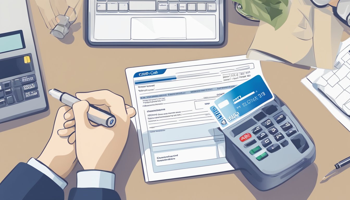 A person filling out a credit card application form at a Citibank branch in Singapore. The form is labeled "SMRT Credit Card" and the person is checking eligibility requirements