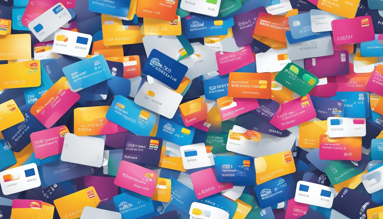 A stack of colorful credit cards with the Citibank and SMRT logos, surrounded by question marks and a "Frequently Asked Questions" sign