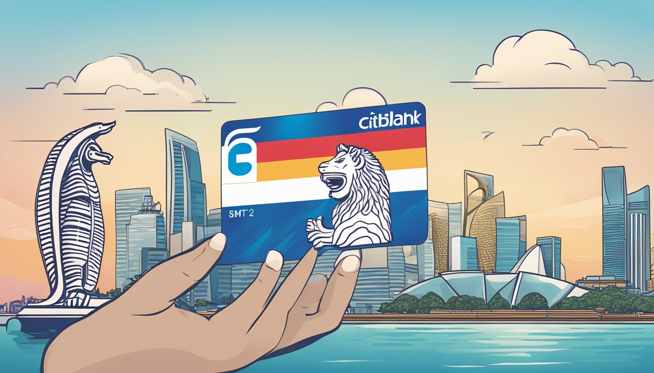 A hand holding a Citibank SMRT rewards card, with a backdrop of iconic Singapore landmarks like the Merlion and Marina Bay Sands