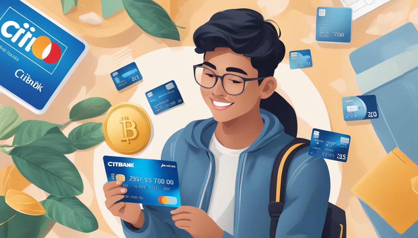 A student holding a Citibank credit card, surrounded by exclusive rewards and offers, with the Citibank logo prominently displayed