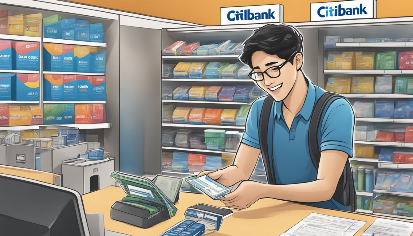 A student swiping a Citibank credit card at a Singaporean store, with financial management materials in the background