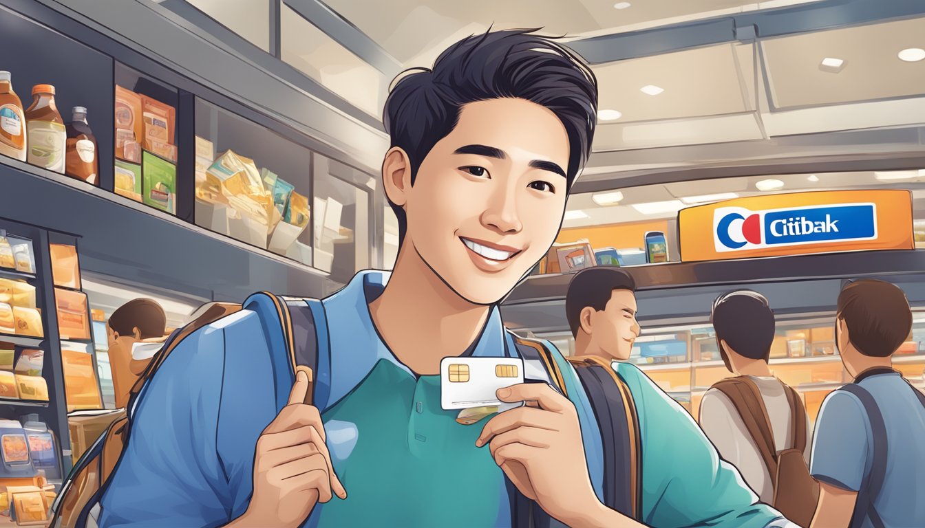 A student holding a Citibank credit card and enjoying various perks and services, such as discounts and exclusive offers, from different merchants in Singapore