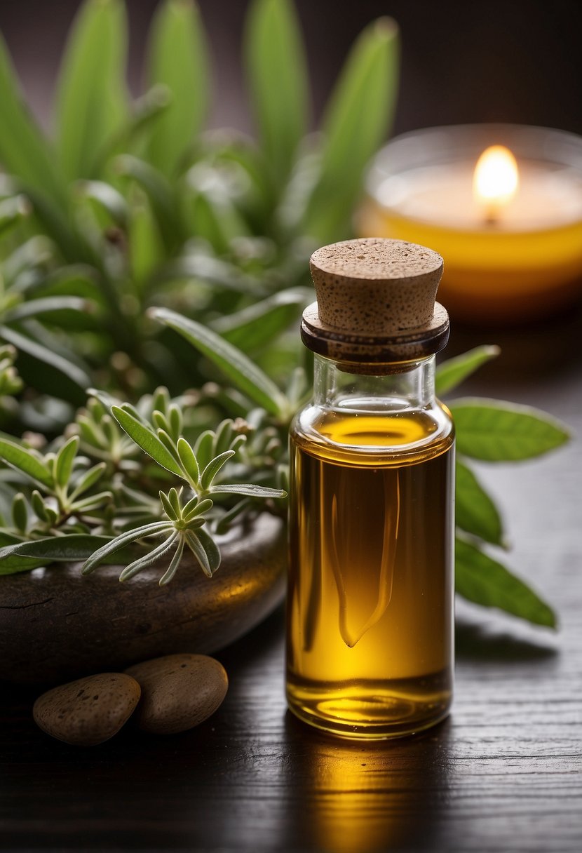 A bottle of essential oil stands open, surrounded by floating germs being eradicated