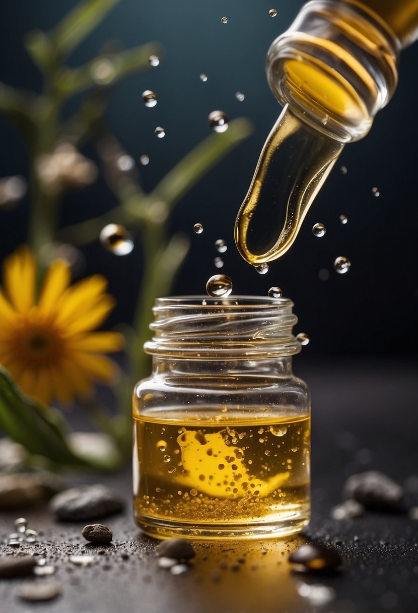 A dropper releasing essential oil onto a surface, surrounded by various types of bacteria being destroyed