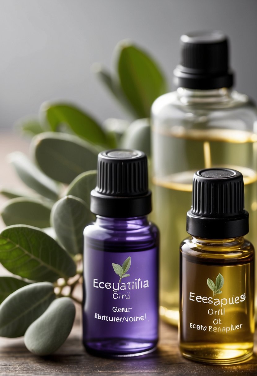 Various essential oil bottles on a clean surface, with labels showing eucalyptus, tea tree, and lavender. A mist of oil surrounds the bottles, indicating their germ-killing properties