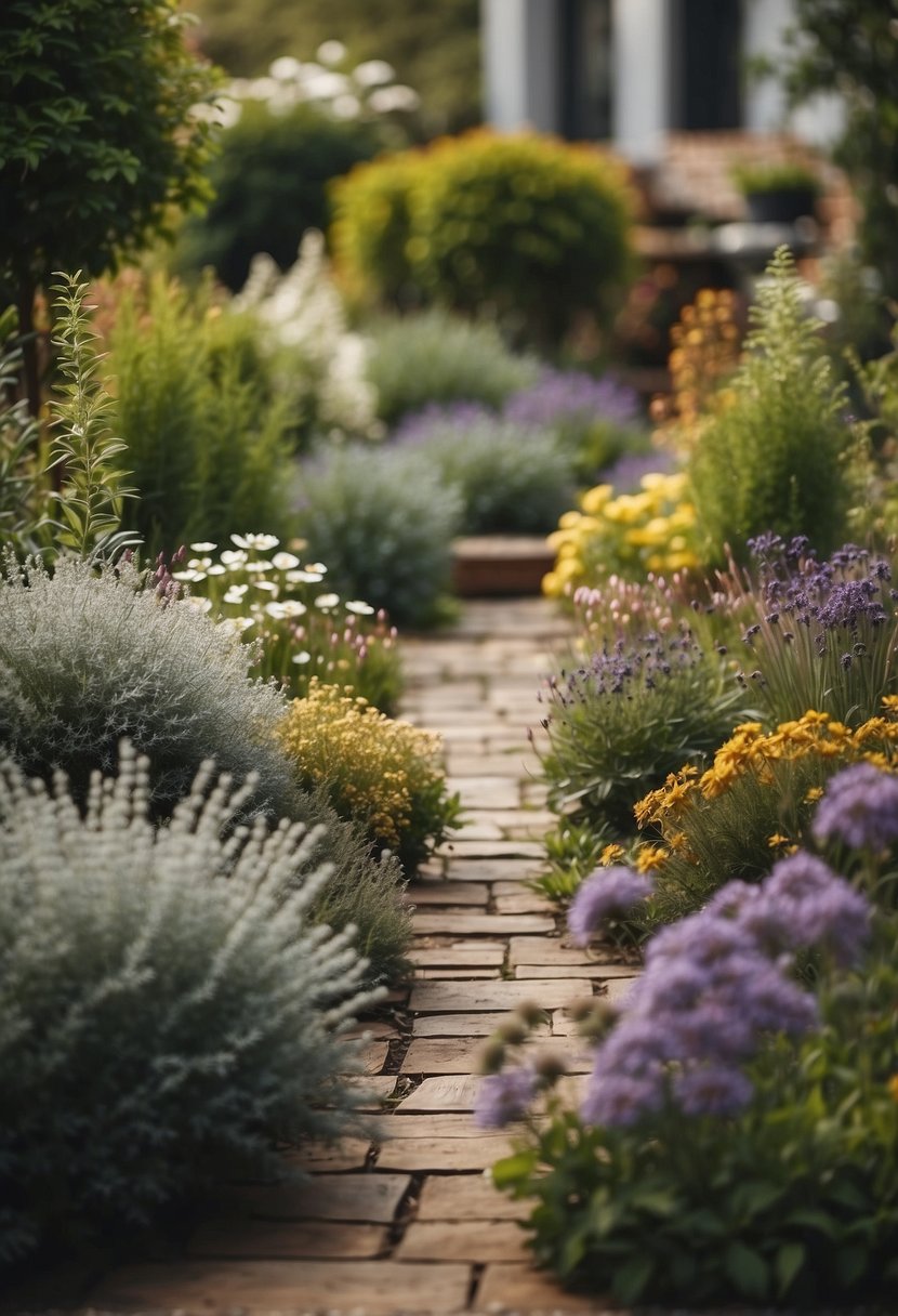 A peaceful garden with blooming flowers and herbs, surrounded by earthy tones and natural elements