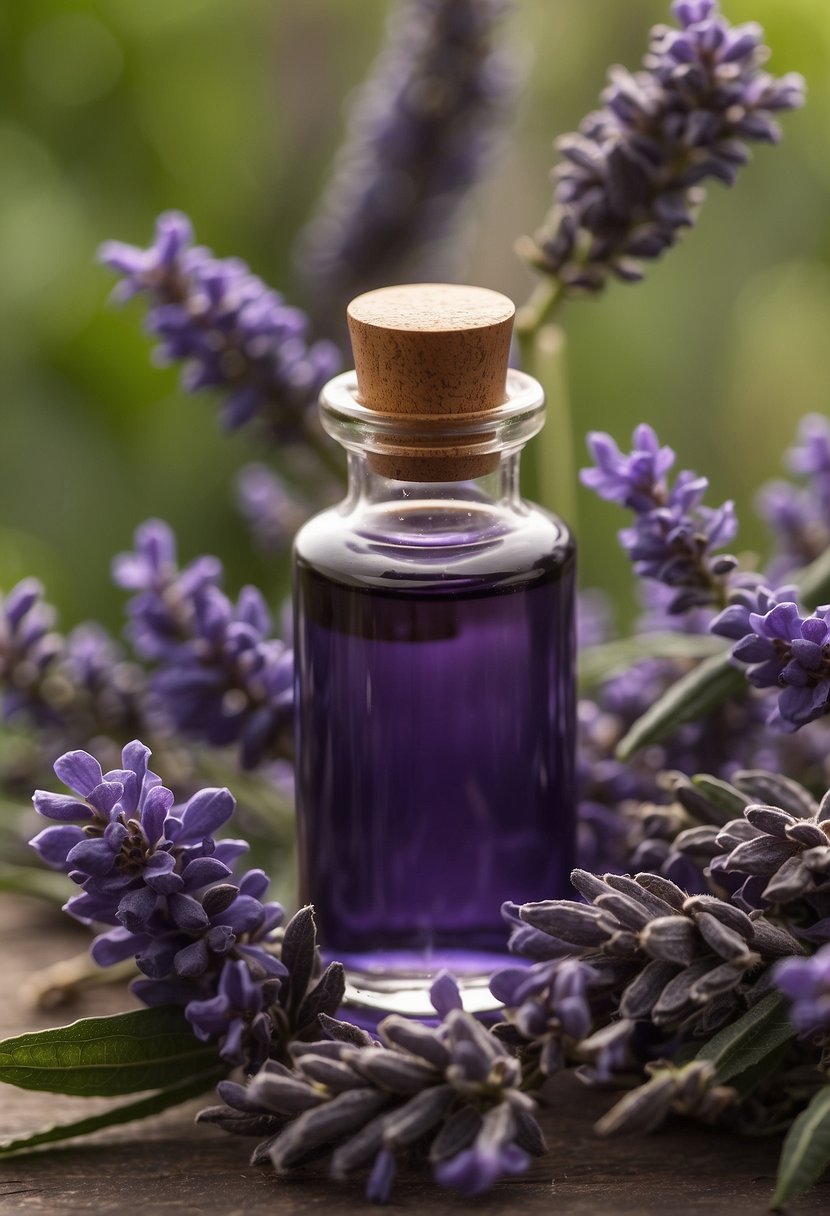 Patchouli essential oil bottle surrounded by lavender, cedarwood, and bergamot. A soft, earthy aroma fills the air