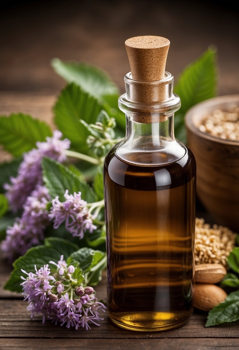 A glass bottle of patchouli oil surrounded by various essential oils and herbs on a wooden table